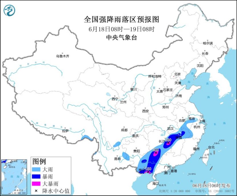 图1 全国强降雨落区预报图（6月18日08时-19日08时）